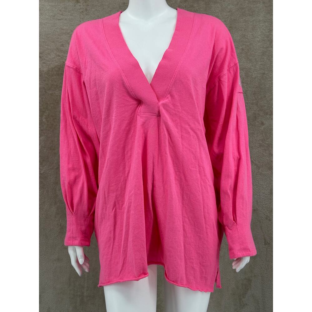 Free People Top Women Medium Pink Tunic V-Neck Oversized Long Sleeve 100% Cotton